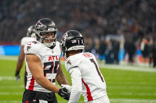 Deutschland, American Football, NFL, American Football Herren, USA Week 10, 2025 2026, Indianapolis Colts - Atlanta Falcons am 09.11. in Berlin (Olympiastadion): Touchdown Falcons Allgeier Copyright: xSvenxHeidmannx