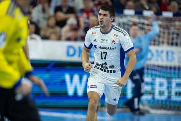 DAIKIN HBL: SG Flensburg-Handewitt vs Handball Verein Hamburg; 09.11.25 Jubel Torjubel bei Kaj Geenen (Nr.17, Handball Sportverein Hamburg) DAIKIN HBL: SG Flensburg-Handewitt vs Handball Sport Verein Hamburg, GP JOULE Arena am 09.11.25 Copyright: xBEAUTIFULxSPORTS MarioxM.xKobergx