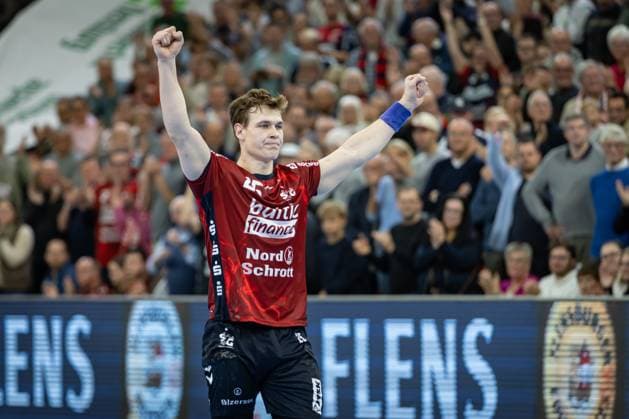 DAIKIN HBL: SG Flensburg-Handewitt vs Handball Verein Hamburg; 09.11.25 Jubel Torjubel bei Lukas Jørgensen (Nr.25, SG Flensburg-Handewitt) DAIKIN HBL: SG Flensburg-Handewitt vs Handball Sport Verein Hamburg, GP JOULE Arena am 09.11.25 Copyright: xBEAUTIFULxSPORTS MarioxM.xKobergx