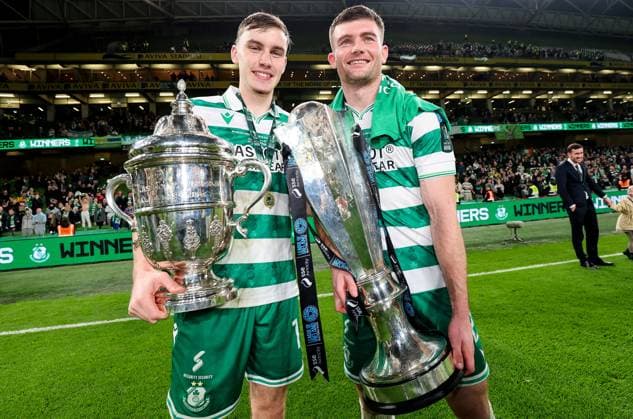 2025 Sports Direct FAI Cup Final, Aviva Stadium, Dublin 9 11 2025 Shamrock Rovers vs Cork City Shamrock Rovers Matt Healy and Josh Honohan celebrate with the Sports Direct FAI Mens trophy and the SSE Airtricity League Trophy Matt Healy and Josh Honohan celebrate with the Sports Direct FAI Mens trophy and the SSE Airtricity League Trophy 9 11 2025  Copyright: x INPHO RyanxByrnex RB1_4862