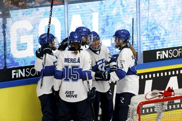 Team Finland s players celebrates a goal during ringette world championships final match Finland vs Canada in Lahti on November 9, 2025. Lahti Finland LKFTVX20251109190849DWFK  Copyright: xPepexKorteniemix LKFTVX20251109190849DWFK