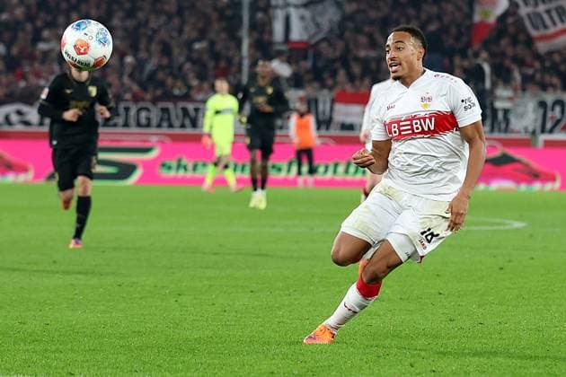 09.11.2025, xrekx, Fussball 1.Bundesliga, VfB Stuttgart - FC Augsburg v.l. Jamie Leweling (VfB Stuttgart) (DFL DFB REGULATIONS PROHIBIT ANY USE OF PHOTOGRAPHS as IMAGE SEQUENCES and or QUASI-VIDEO) Stuttgart