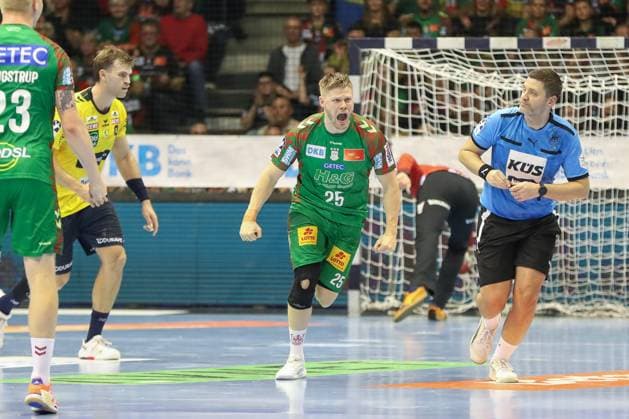 09.11.2025, xgox, Handball, Daikin HBL, SC Magdeburg - SC Magdeburg - Rhein Neckar Loewen v.l. Sebastian Barthold (Magdebug, 25) Jubel, Torjubel, jubelt ueber das Tor, celebrate the goal, celebration Magdeburg
