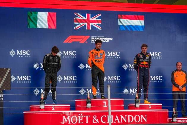 Formula 1 MSC Cruises Grande Prêmio de São Paulo 2025 Remy Midez OVERTAKE MAXPPP - São Paulo 09 11 2025 Podium Top 3 04 NORRIS Lando (gbr), McLaren F1 Team, portrait, 12 ANTONELLI Andrea Kimi (ita), Mercedes-AMG PETRONAS F1 Team, portrait, 01 VERSTAPPEN Max (nld), Oracle Red Bull Racing, portrait at the Formula 1 MSC Cruises Grande Prêmio de São Paulo 2025, the 21st round of the 2025 FIA Formula 1 World Championship, WM, Weltmeisterschaft at the Autódromo José Carlos Pace in São Paulo, interlaces, Brazil, from 6 to 9 November 2025 São Paulo Brazil Copyright: xOVERTAKE MAXPPPxRemyxMidezx OVT202511099502 OVT202511099502