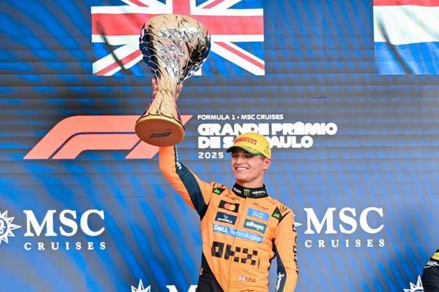 Lando Norris of McLaren on the podium after the F1 Grand Prix of Brazil at Autodromo Jose Carlos Pace on November 09, 2025 in Sao Paulo, Brazil. (Photo by Richard Callis SPP) Copyright: xRichardxCallis SPPx Sportspressphoto_SPR59971