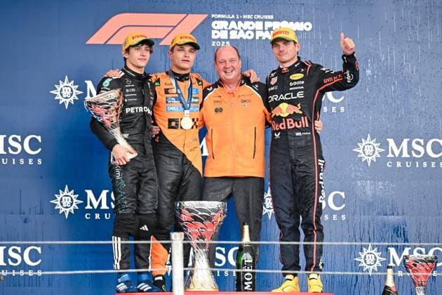 Lando Norris of McLaren, Kimi Antonelli of Mercedes-AMG, Max Verstappen of Red Bull and Mark Norris, Director of Commercial Trackside Operations at McLaren on the podium after the F1 Grand Prix of Brazil at Autodromo Jose Carlos Pace on November 09, 2025 in Sao Paulo, Brazil. (Photo by Richard Callis SPP) Copyright: xRichardxCallis SPPx Sportspressphoto_SPR59984
