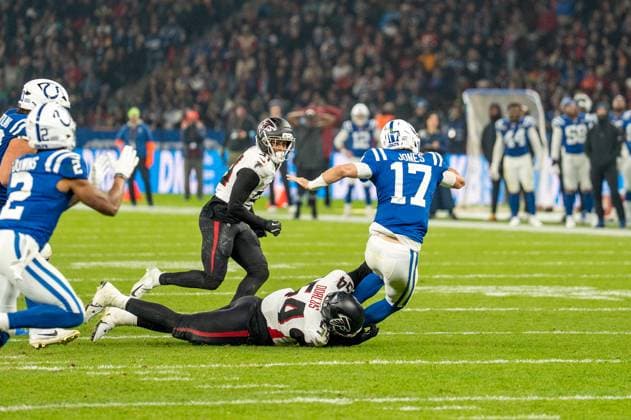 Deutschland, American Football, NFL, American Football Herren, USA Week 10, 2025 2026, Indianapolis Colts - Atlanta Falcons am 09.11. in Berlin (Olympiastadion): Daniel Jones (QB, Indianapolis Colts) Copyright: xSvenxHeidmannx