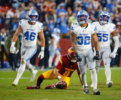 Nov 9, 2025: Detroit Lions DB SS 32 Brian Branch celebrates a sack of Washington Commanders QB 8 Marcus Mariota during the Washington Commanders game against the Detroit Lions at Northwest Stadium in Landover, MD. CSM Landover United States of America - ZUMAc04_ 20251109_zma_c04_267 Copyright: xJustinxCooperx
