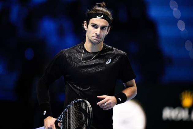 Italy s Lorenzo Musetti react during the singles tennis match of the ATP, Tennis Herren World Tour Finals against United StatesÕ Taylor Fritz at the Inalpi Arena in Turin, Italy - Sunday, Nov. 10, 2025. - .  Copyright: xMarcoxAlpozzi LaPressex