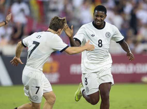 El Salvador v Germany Group G- FIFA U-17 World Cup Qatar 2025 Jeremiah Mensah of Germany celebrates after scoring a goal during the FIFA U-17 World Cup Qatar 2025 Group G match between El Salvador and Germany in Doha, Qatar, on November 10, 2025. DOHA Qatar Copyright: xNOUSHADxTHEKKAYILx