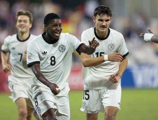 El Salvador v Germany Group G- FIFA U-17 World Cup Qatar 2025 Jeremiah Mensah of Germany celebrates after scoring a goal during the FIFA U-17 World Cup Qatar 2025 Group G match between El Salvador and Germany in Doha, Qatar, on November 10, 2025. DOHA Qatar Copyright: xNOUSHADxTHEKKAYILx