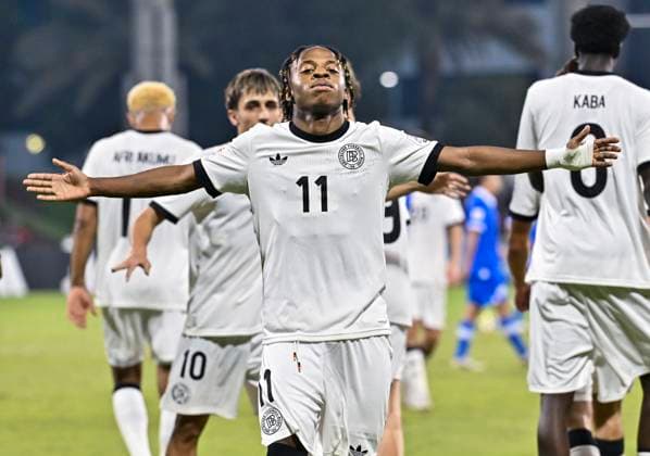 El Salvador v Germany Group G- FIFA U-17 World Cup Qatar 2025 Wisdom Mike of Germany celebrates after scoring a goal during the FIFA U-17 World Cup Qatar 2025 Group G match between El Salvador and Germany in Doha, Qatar, on November 10, 2025. DOHA Qatar Copyright: xNOUSHADxTHEKKAYILx