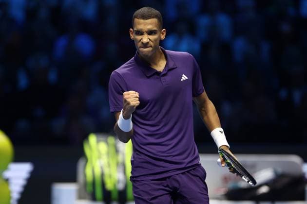 Lorenzo Musetti vs Taylor Fritz Felix Auger-Aliassime of Canada celebrates during the Round Robin singles match between Lorenzo Musetti of Italy and Taylor Fritz of Usa on Day two of the Nitto ATP, Tennis Herren World Tour Finals. Turin Inalpi Arena Italy Copyright: xMarcoxCanonierox
