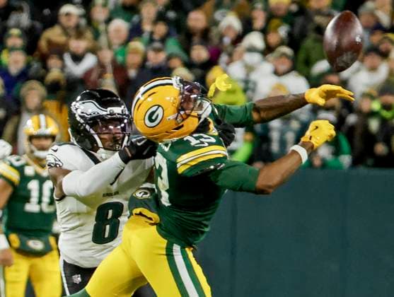 Philadelphia Eagles cornerback Adoree Jackson (L) breaks up a pass intended for Green Bay Packers wide receiver Dontayvion Wicks (R) in the second half of the NFL, American Football Herren, USA game between the Philadelphia Eagles and the Green Bay Packers at Lambeau Field in Green Bay, Wisconsin on Monday, November 10, 2025. The Eagles defeated the Packers 10-7.  MIL20251110834 TANNENxMAURY
