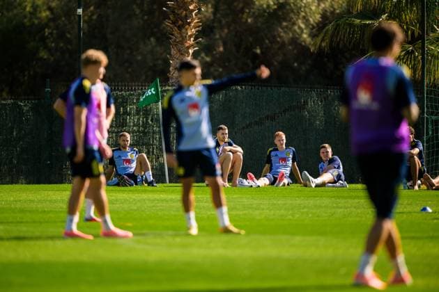 251111 Gustav Lundgren, Gabriel Gudmundsson, Hugo Larsson and Emil Holm of the Swedish national football team during a training session on November 11, 2025 in Marbella. Photo: Joel Marklund BILDBYRAN kod JM JM0746 bbeng fotboll football soccer fotball vm-kval FIFA World Cup, WM, Weltmeisterschaft, Fussball qualifier träning practice training sverige sweden sverige a Copyright: JOELxMARKLUND BB251111JM055