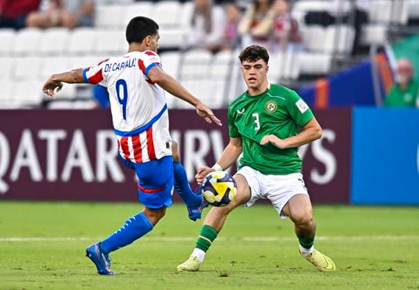 Republic of Ireland v Paraguay: Group J - FIFA U-17 World Cup Qatar 2025 Finn Sherlock of Republic of Ireland and Mauricio De Carvalho of Paraguay in action during the FIFA U-17 World Cup Qatar 2025 Group J match between Republic of Ireland v Paraguay in Doha, Qatar, on November 11, 2025. DOHA Qatar Copyright: xNOUSHADxTHEKKAYILx