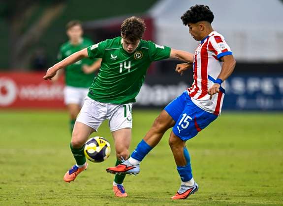 Republic of Ireland v Paraguay: Group J - FIFA U-17 World Cup Qatar 2025 Gavin Mcateer of Republic of Ireland and Aldo Sanabria of Paraguay in action during the FIFA U-17 World Cup Qatar 2025 Group J match between Republic of Ireland v Paraguay in Doha, Qatar, on November 11, 2025. DOHA Qatar Copyright: xNOUSHADxTHEKKAYILx