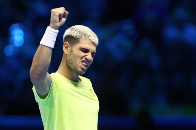 Carlos Alcaraz vs Taylor Fritz Carlos Alcaraz of Spain celebrates at the end of the Round Robin singles match between Carlos Alcaraz of Spain and Taylor Fritz of Usa on Day three of the Nitto ATP, Tennis Herren World Tour Finals. Torino Inalpi Arena Italy Copyright: xMarcoxCanonierox