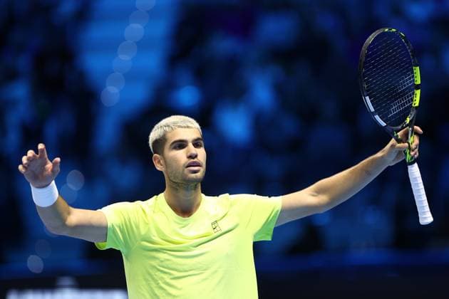 Carlos Alcaraz vs Taylor Fritz Carlos Alcaraz of Spain celebrates at the end of the Round Robin singles match between Carlos Alcaraz of Spain and Taylor Fritz of Usa on Day three of the Nitto ATP, Tennis Herren World Tour Finals. Torino Inalpi Arena Italy Copyright: xMarcoxCanonierox