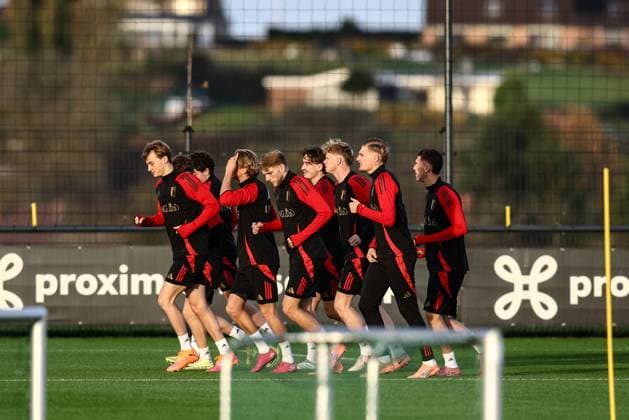 Belgium s players pictured during a training session of the Belgian national soccer team Red Devils U21, U 21 ahead of their EURO Qualifying, EM, Europameisterschaft match against Austria, at the Royal Belgian Football Association s training center, in Tubize, Tuesday 11 November 2025. BRUNOxFAHY  x140912068x