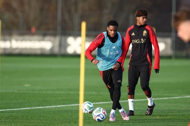 Belgium s Stanis Idumbo pictured during a training session of the Belgian national soccer team Red Devils U21, U 21 ahead of their EURO Qualifying, EM, Europameisterschaft match against Austria, at the Royal Belgian Football Association s training center, in Tubize, Tuesday 11 November 2025. BRUNOxFAHY  x140912759x