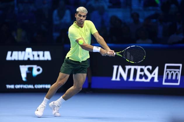Carlos Alcaraz (Spain) controls the ball, day 3, Nitto ATP, Tennis Herren Finals 2025, INALPI Arena, November 11, 2025, Turin, Italy.
