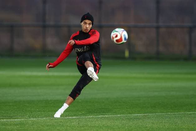Rayane Bounida pictured during a training session of the Belgian national soccer team Red Devils U21, U 21 ahead of their EURO Qualifying, EM, Europameisterschaft match against Austria, at the Royal Belgian Football Association s training center, in Tubize, Tuesday 11 November 2025. BRUNOxFAHY  x140917063x