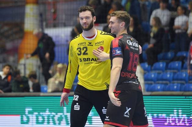 Jubel, Freude nach dem Sieg; Kristof Palasics (Torwart MT Melsungen 3 (L) und Florian Drosten (MT Melsungen 18) , GER, MT Melsungen - Ferencvarosi Torna Club Green Collect Budapest (HUN)l, Handball, EHF European League Maenner, Group Matches, Saison 2025 2026, 11.11.2025, GER, MT Melsungen - FTC-Green Collect, Handball, EHF Maenner, Group Matches, Saison 2025 2026, 11.11.2025 Kassel Copyright: xEibner-Pressefotox xRolandxSippex EP_RSL
