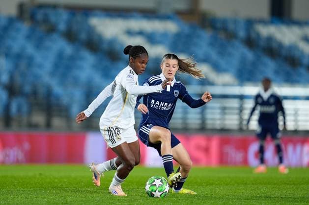 November 11, 2025, Valdebebas, Madrid, Spain: Linda Caicedo of Real Madrid and Anaele Le Moguedec of Paris FC compete for the ball during the UEFA WomenÃ¢â‚¬â ¢s Champions League 2025 26 League Phase MD3, football match played between Real Madrid CF and Paris FC at Alfredo Di Stefano stadium on November 11, 2025, in Valdebebas, Madrid, Spain. Valdebebas Spain - ZUMAa181 20251111_zaa_a181_075 Copyright: xDennisxAgyemanx