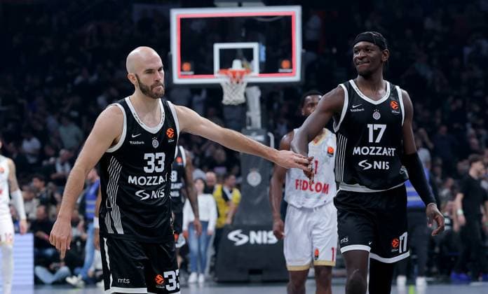 Partizan v Monaco, Euroleague, season 2025 2026, round 10 Belgrade, Serbia. 11th Nov, 2025. Partizan s Nick Calathes and Isaac Bonga during Euroleague basketball match between Partizan and AS Monaco on November 11. 2025. in Belgrade, Serbia. Belgrade Serbia Copyright: xPedjaxMilosavljevic STARSPORTx