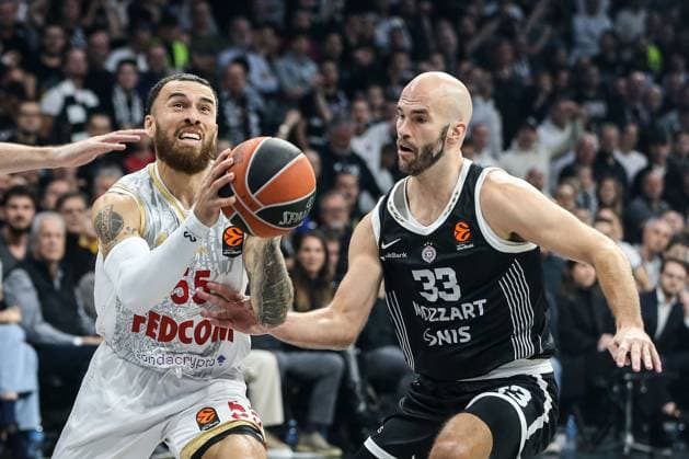 Partizan Mozzart Bet Belgrade v AS Monaco - Euroleague BELGRADE, SERBIA - NOVEMBER 11: Mike James (55) of AS Monaco in action against Nick Calathes (33) of Partizan Mozzart Bet Belgrade during the EuroLeague match between Partizan Mozzart Bet Belgrade and AS Monaco at Belgrade Arena in Belgrade, Serbia, on November 11, 2025. Filip Stevanovic Anadolu Belgrade Serbia. Editorial use only. Please get in touch for any other usage.  Copyright: x2025xAnadoluxFilipxStevanovicx