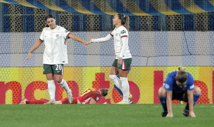 SOCCER - WCL, St.Poelten vs Chelsea SANKT POELTEN,AUSTRIA,11.NOV.25 - SOCCER - UEFA Women s Champions League, SKN Sankt Poelten vs Chelsea FC. Image shows the rejoicing of Sam Kerr and Johanna Rytting Kaneryd (Chelsea).  GEPAxpictures xWalterxLuger