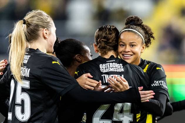 251112 Tabby Tindell and Felicia Schröder of Häcken celebrate after the 1-0 goal during the UEFA Women s Europa Cup football match between Häcken and Inter on November 12, 2025 in Gothenburg. Photo: Michael Erichsen BILDBYRAN COP 89 MI0901 fotboll football soccer fotball europa cup häcken inter uefa womens europa cup dam bbeng internazionale milano jubel Copyright: MICHAELxERICHSEN BB251112MI011