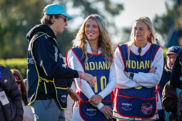 November 12, 2025, Belleair, Florida, USA: From left to right, NASCAR, Motorsport, USA driver Carson Hocevar, Indiana Fever guard Lexie Hull and Indiana Fever guard Sophie Cunningham chat with each other during The ANNIKA driven by Gainbridge Pro-Am at the Pelican Golf Club at on Wednesday, Nov. 12, 2025, in Belleair. Belleair USA - ZUMAs70_ 20251112_zan_s70_016 Copyright: xJeffereexWoox