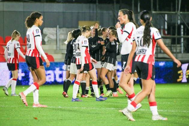 12.11.2025, xgrfx, Fussball UEFA Women s Europa Cup 1 8, PSV Eindhoven - Eintracht Frankfurt v.l. Tor, Laura Freigang (Eintracht Frankfurt) (DFL DFB REGULATIONS PROHIBIT ANY USE OF PHOTOGRAPHS as IMAGE SEQUENCES and or QUASI-VIDEO) De Herdgang