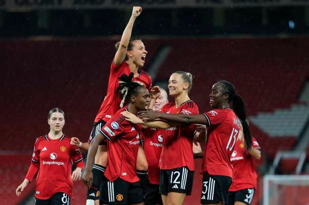 Manchester United, ManU Women v Paris Saint-Germain Feminine UEFA Women s Champions League 12 11 2025. Melvine Malard (9) of Manchester United celebrates scoring to make it 1-0 with Fridolina Rolfo (12) of Manchester United during the UEFA Women s Champions League match between Manchester United Women and Paris Saint-Germain Feminine at Old Trafford, Manchester, England on 12 November 2025. Manchester Old Trafford Greater Manchester England Editorial use only , Copyright: xConorxMolloyx PSI-23211-0033