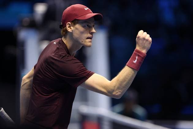 Jannik Sinner vs Alexander Zverev Jannik Sinner of Italy celebrates during the Round Robin singles match between Jannik Sinner vs Alexander Zverev on Day four of the Nitto ATP, Tennis Herren World Tour Finals. Turin Inalpi Arena Italy Copyright: xMarcoxCanonierox