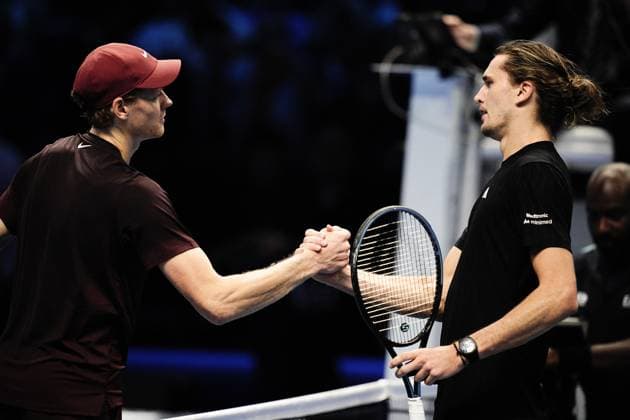 Italy s Jannik Sinner react after vicotry the singles tennis match of the ATP, Tennis Herren World Tour Finals Germany s Alexander Zverev at the Inalpi Arena in Turin, Italy - Wednesday, Nov. 12, 2025. -  Copyright: xMarcoxAlpozzi LaPressex