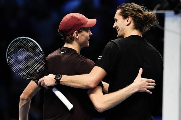 Italy s Jannik Sinner react after vicotry the singles tennis match of the ATP, Tennis Herren World Tour Finals Germany s Alexander Zverev at the Inalpi Arena in Turin, Italy - Wednesday, Nov. 12, 2025. -  Copyright: xMarcoxAlpozzi LaPressex