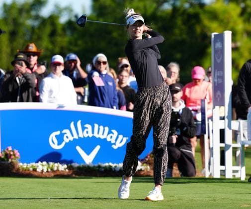 BELLEAIR, FL - NOVEMBER 12: LPGA, Golf Damen golfer Nelly Korda plays her tee shot on the 4th hole during the Pro Am for The Annika driven by Gainbridge at Pelican on November 12, 2025, at the Pelican Golf Club in Belleair, Florida. (Photo by Brian Spurlock Icon Sportswire) GOLF: NOV 12 LPGA The ANNIKA EDITORIAL USE ONLY Icon25111255