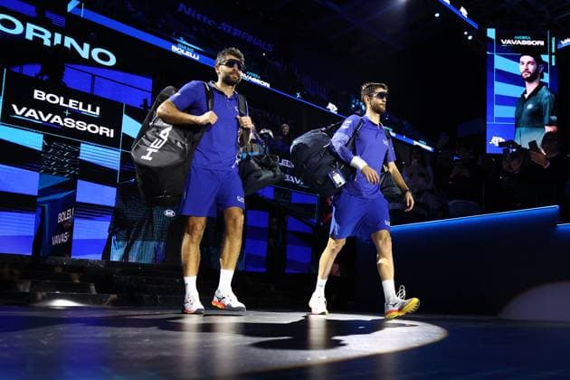 Krawietz Puetz vs Bolelli Vavassori Simone Bolelli of Italy (L) and Andrea Vavassori of Italy (R) look on during the Round Robin doubles match between Kevin Krawietz of Germany and Tim Puetz of Germany against Simone Bolelli of Italy and Andrea Vavassori of Italy on Day five of the Nitto ATP, Tennis Herren World Tour Finals. Turin Inalpi Arena Italy Copyright: xMarcoxCanonierox