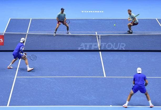 November 13, 2025, Turin, Italy: Kevin Krawietz of Germany and Tim Puetz of Germany (up) in action during the Doubles Round Robin match against Simone Bolelli of Italy and Andrea Vavassori of Italy at the ATP, Tennis Herren Finals in Turin, Italy, 13 November 2025. ANSA . ATP Finals Tennis Tournament  - ZUMAa110 20251113_zaf_a110_011 Copyright: xAlessandroxDixMarcox