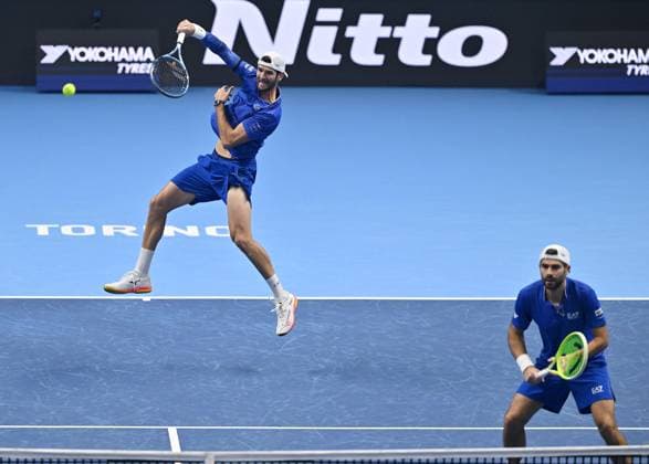 November 13, 2025, Turin, Italy: Simone Bolelli of Italy and Andrea Vavassori of Italy in action during the Doubles Round Robin match against Kevin Krawietz of Germany and Tim Puetz of Germany at the ATP, Tennis Herren Finals in Turin, Italy, 13 November 2025. ANSA . ATP Finals Tennis Tournament  - ZUMAa110 20251113_zaf_a110_012 Copyright: xAlessandroxDixMarcox