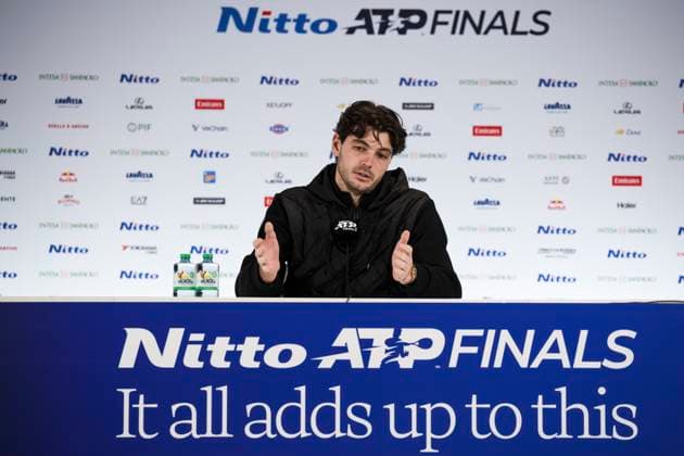 Nitto ATP, Tennis Herren Finals 2025 - Day Five Taylor Fritz of USA speaks during a press conference, PK, Pressekonferenz at the end of his round robin singles match against Alex de Minaur of Australia during day five of the Nitto ATP Finals 2025. Alex de Minaur won 7-6(3), 6-3. Turin Italy Copyright: xNicolòxCampox