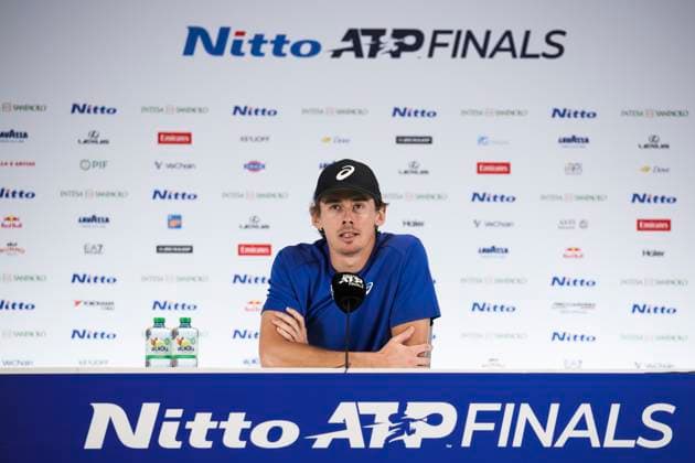 Nitto ATP, Tennis Herren Finals 2025 - Day Five Alex de Minaur of Australia speaks during a press conference, PK, Pressekonferenz at the end of his round robin singles match against Taylor Fritz of USA during day five of the Nitto ATP Finals 2025. Alex de Minaur won 7-6(3), 6-3. Turin Italy Copyright: xNicolòxCampox