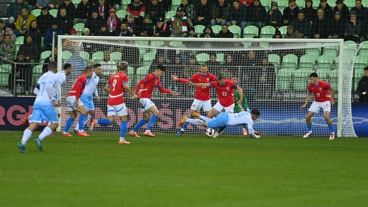 A situation in front of the Czech net at the beginning of football friendly match: Czechia vs San Marino, in Karvina, Czech Republic, on November 13, 2025. (CTKxPhoto JaroslavxOzana) CTKPhotoP2025111306720  CTKPhotoP2025111306720
