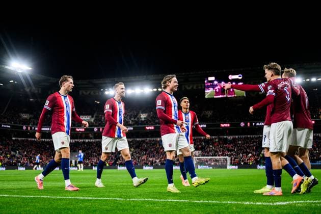 251113 Players of Norway celebrate the 1-0 goal during the FIFA World Cup, WM, Weltmeisterschaft, Fussball Qualifier football match between Norway and Estonia on November 13, 2025 in Oslo. Photo: Vegard Grott BILDBYRAN kod VG VG0831 bbeng fotball football soccer fotboll fifa world cup qualifiers european qualifiers 2026 uefa world cup qualifiers vm-kvalifisering vm kvalik vm kval norge norway estland estonia jubel Copyright: VEGARDxGRoTT BB251113VG060