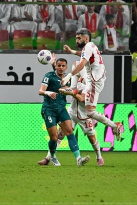UAE v Iraq - 2026 AFC World Cup Qualifiers ABU DHABI, UNITED ARAB EMIRATES - NOVEMBER 13: Yahia Nader (R) of UAE in action against Ali Al-Hamadi (9) of Iraq during the first match of the fifth round of the 2026 FIFA World Cup, WM, Weltmeisterschaft, Fussball Asian Qualifiers at the Mohammed bin Zayed Stadium in Abu Dhabi, United Arab Emirates, on November 13, 2025. Waleed Zein Anadolu Abu Dhabi United Arab Emirates. Editorial use only. Please get in touch for any other usage.  Copyright: x2025xAnadoluxWaleedxZeinx