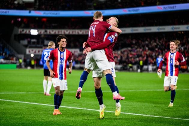 251113 Erling Braut Haaland of Norway celebrate the 3-0 with Julian Ryerson goal during the FIFA World Cup, WM, Weltmeisterschaft, Fussball Qualifier football match between Norway and Estonia on November 13, 2025 in Oslo. Photo: Marius Simensen BILDBYRAN COP 238 VG0831 bbeng fotball football soccer fotboll fifa world cup qualifiers european qualifiers 2026 uefa world cup qualifiers vm-kvalifisering vm kvalik vm kval norge norway estland estonia jubel Copyright: MARIUSxSIMENSEN BB251113BB344