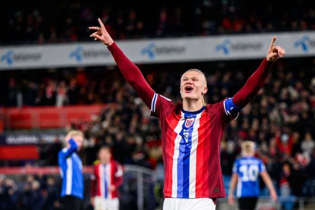 251113 Erling Braut Haaland of Norway celebrates after the 4-0 goal during the FIFA World Cup, WM, Weltmeisterschaft, Fussball Qualifier football match between Norway and Estonia on November 13, 2025 in Oslo. Photo: Marius Simensen BILDBYRAN COP 238 VG0831 bbeng fotball football soccer fotboll fifa world cup qualifiers european qualifiers 2026 uefa world cup qualifiers vm-kvalifisering vm kvalik vm kval norge norway estland estonia jubel Copyright: MARIUSxSIMENSEN BB251113BB356